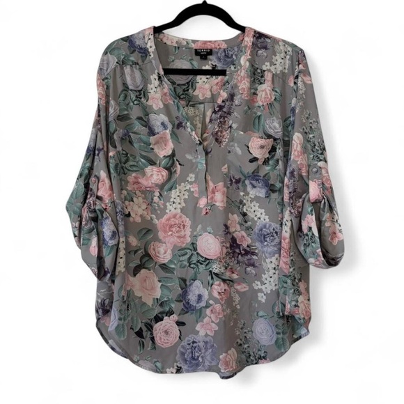 torrid Tops - Torrid Women’s Harper Floral Georgette Blouse Size 1 XL Gray Pink 3/4 Sleeve